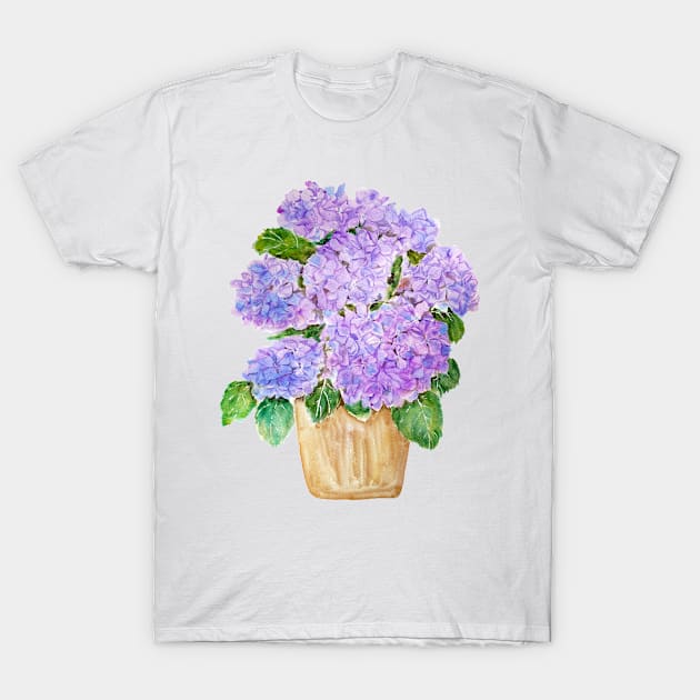 blue purple hydrangea in golden pot watercolor T-Shirt by colorandcolor